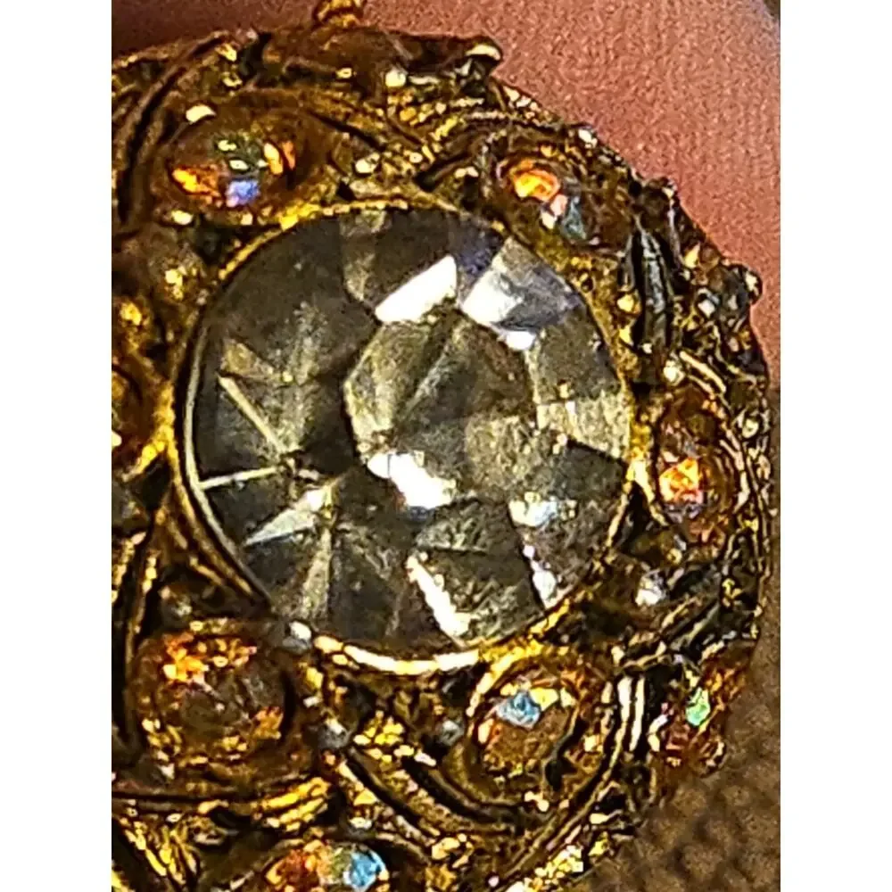 Vintage Smoky Gray Glass Rhinestone AB Cocktail Ring Gold Tone Florenza Style